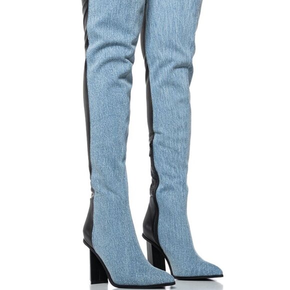 Miz Mixed Media: Two-Tone Denim & Vegan Leather Over the Knee Boot 8.5 9 - Picture 3 of 5